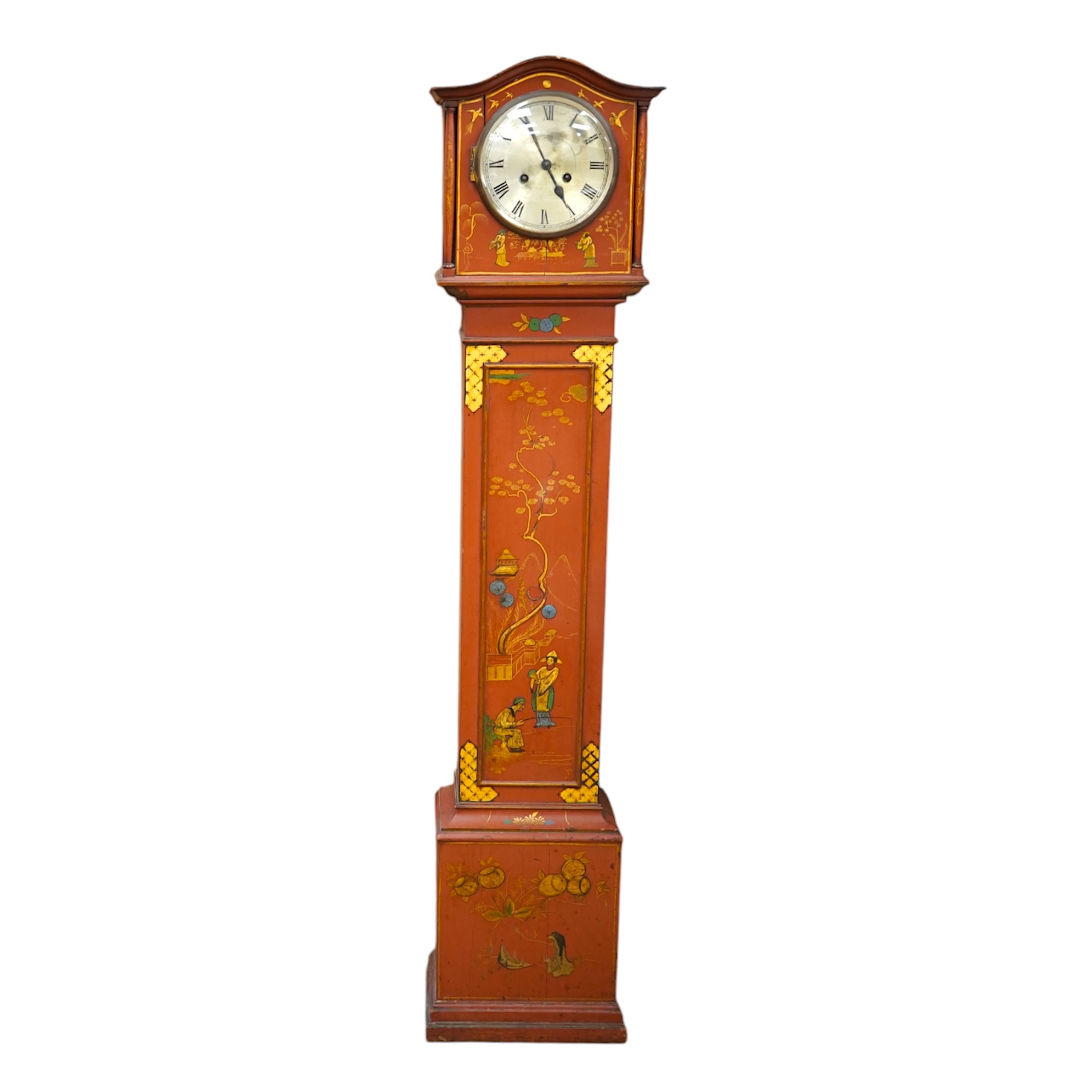 A 1930's Japanned grandmother clock with Roman numeral dial. Condition - poor, cracked and chipped